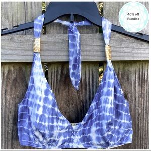 Bikini top by eda. 30G Blue/ white tie dye pattern. Clasp band, tie halter neck.